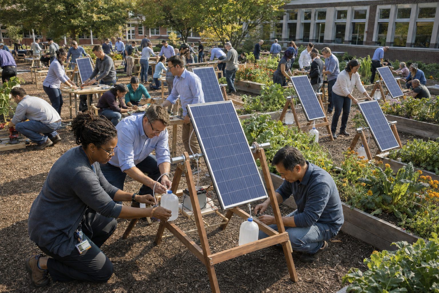 A corporate team and local children building a solar-and-water STEM learning machine together with hand tools