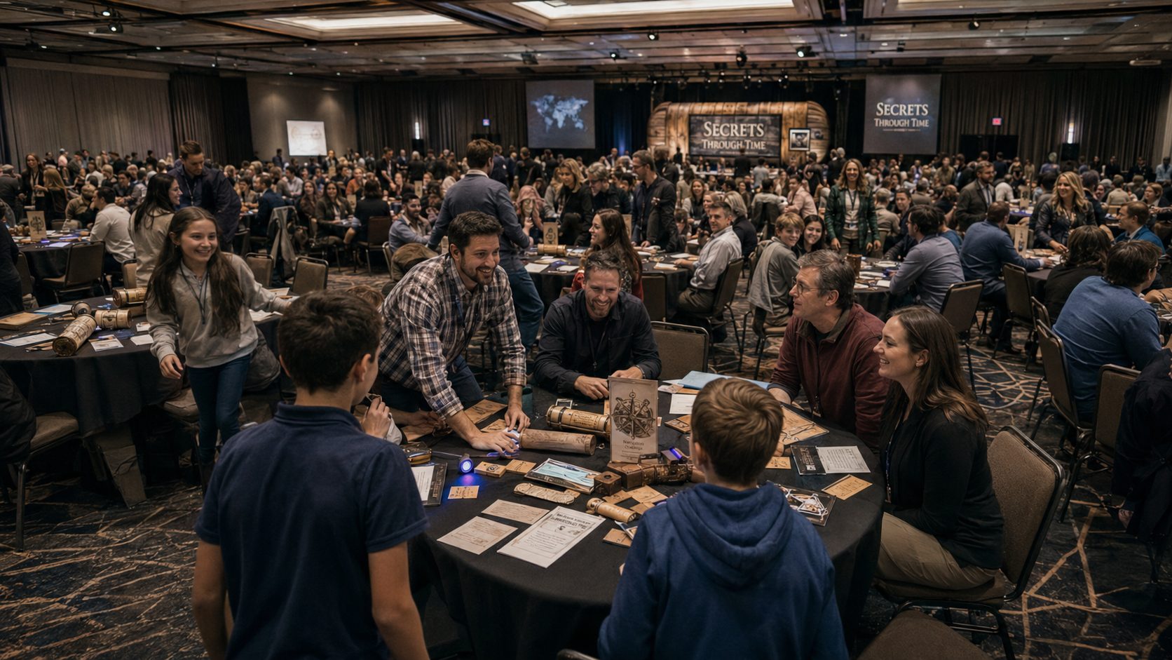 A ballroom of hundreds running Inspiring Minds pods at a conference general session