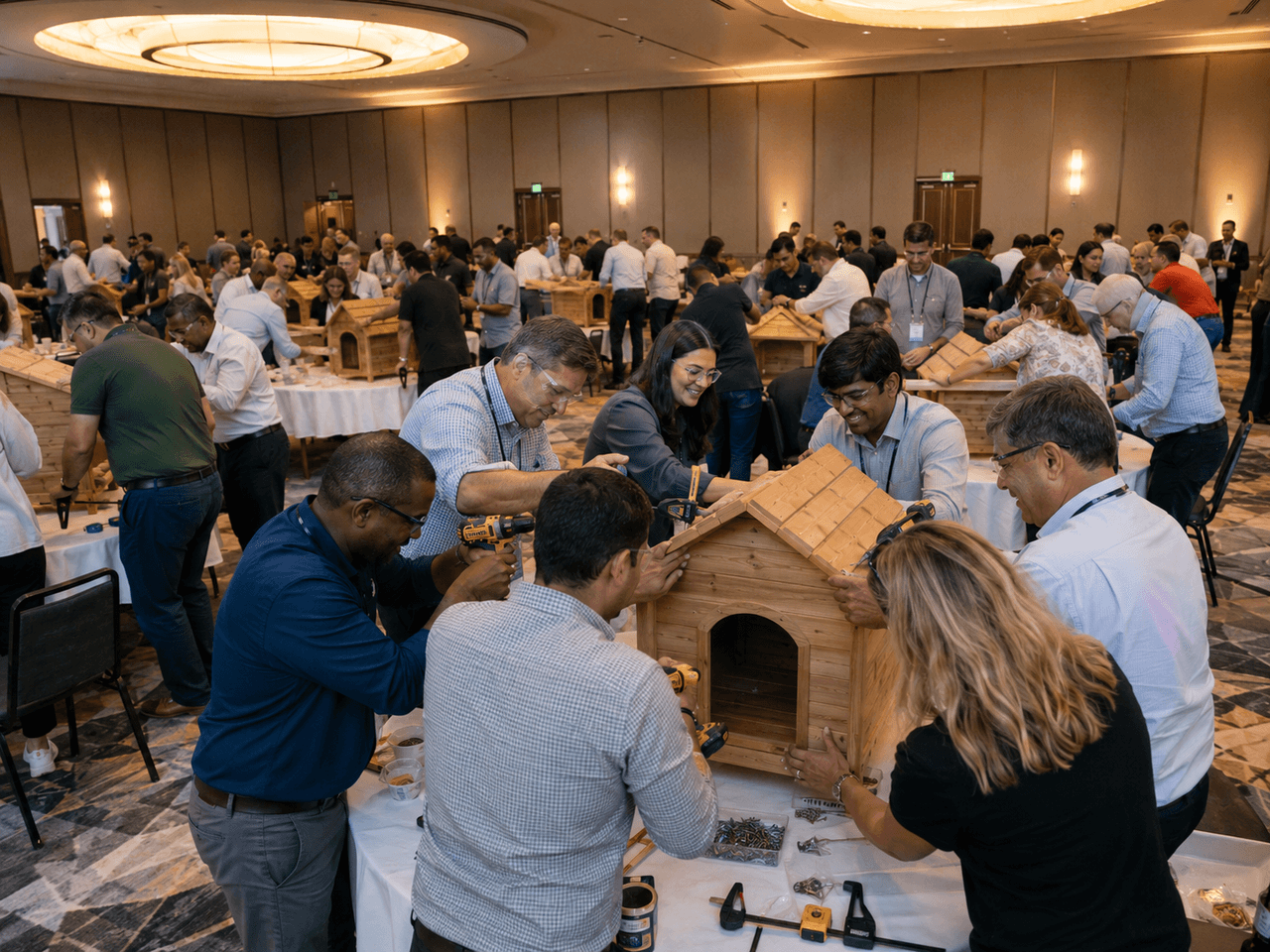 A large corporate group at a Housewarming give-back event