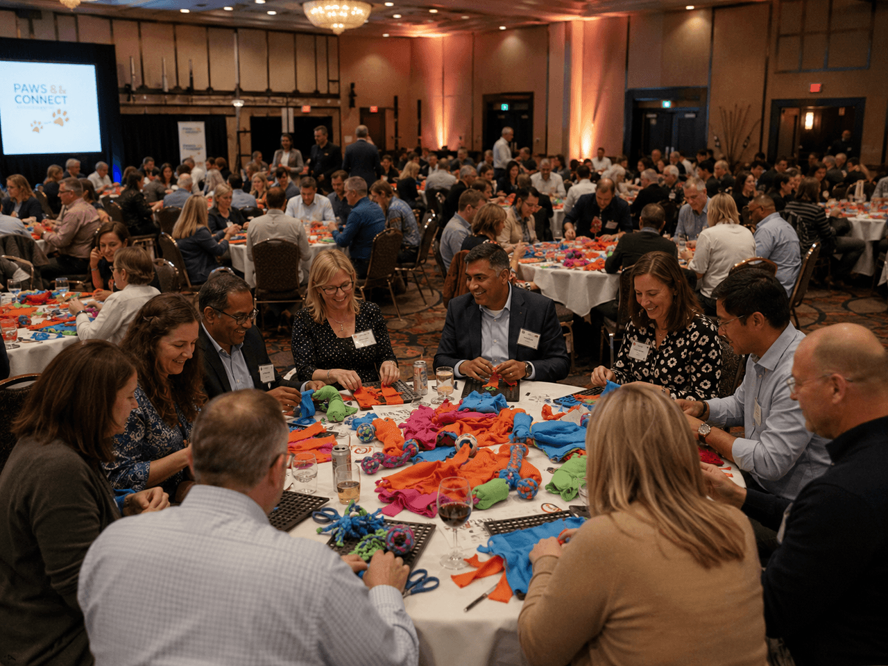 A corporate group building welcome-home kits for shelter animals at a Housewarming reception