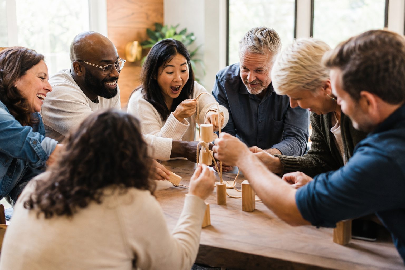 A retreat team laughing together during a hands-on facilitated activity