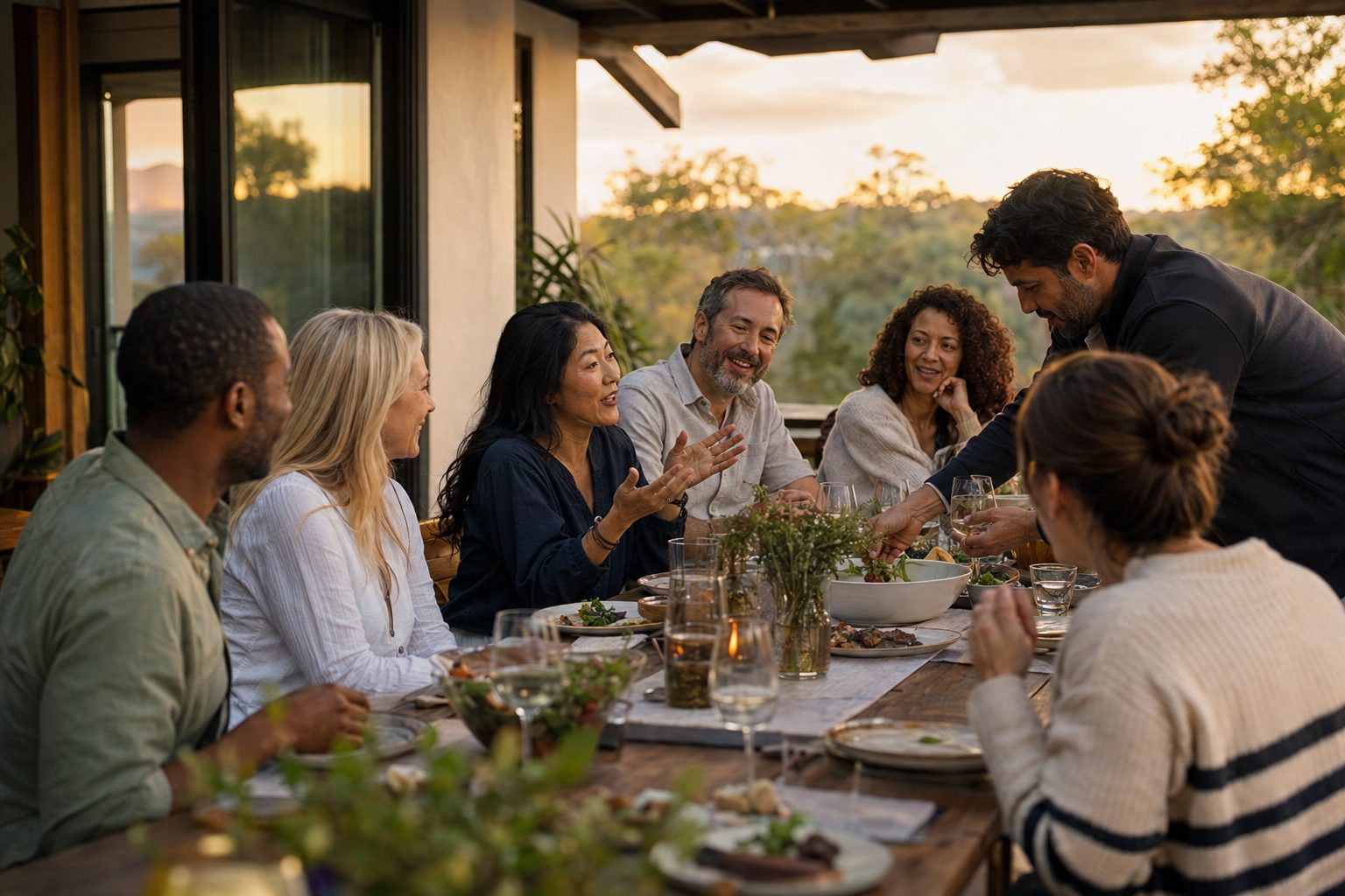 A retreat team relaxed and connected over a shared meal at golden hour