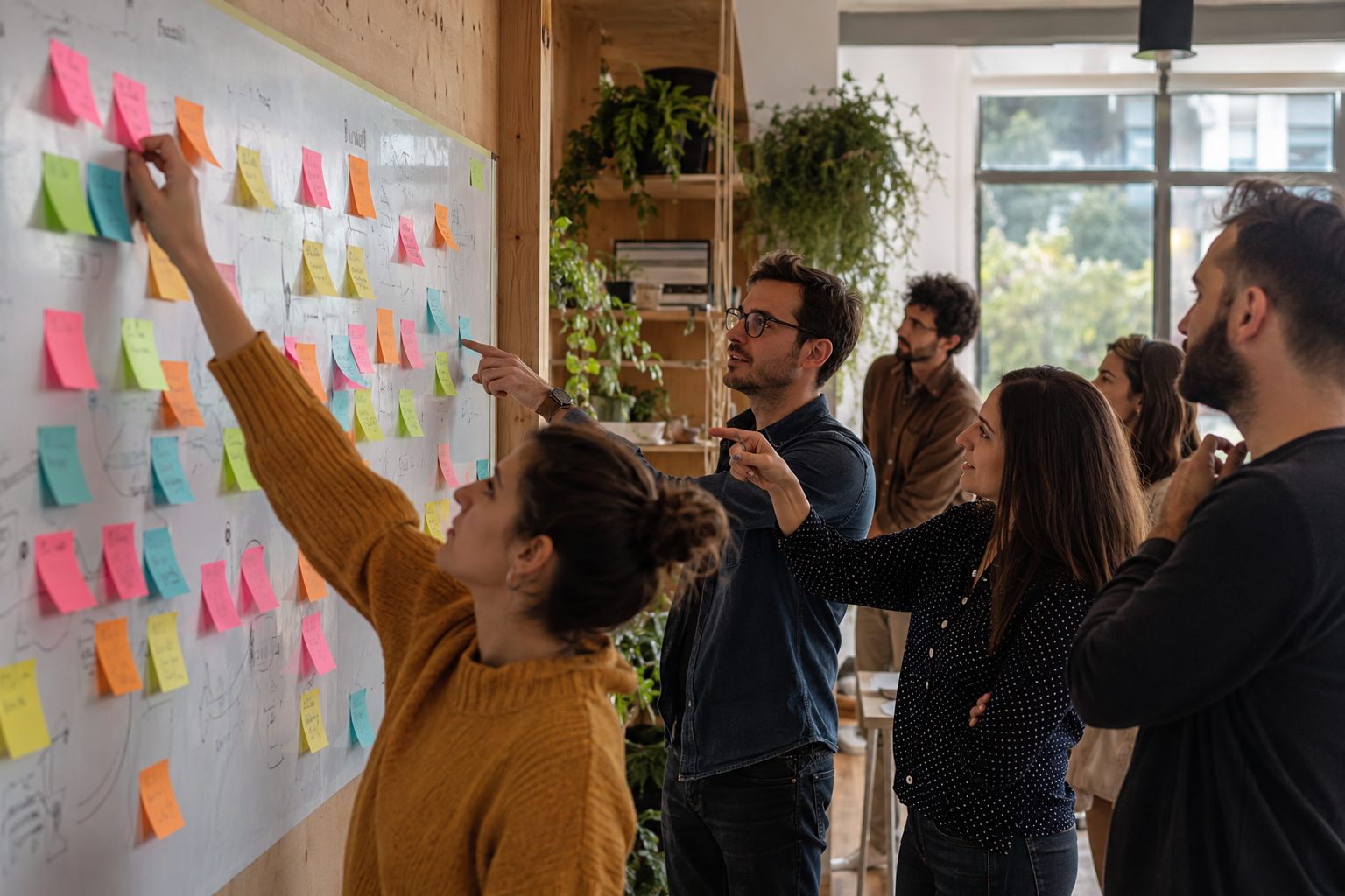 A retreat team mapping ideas on a sticky-note wall during a working session