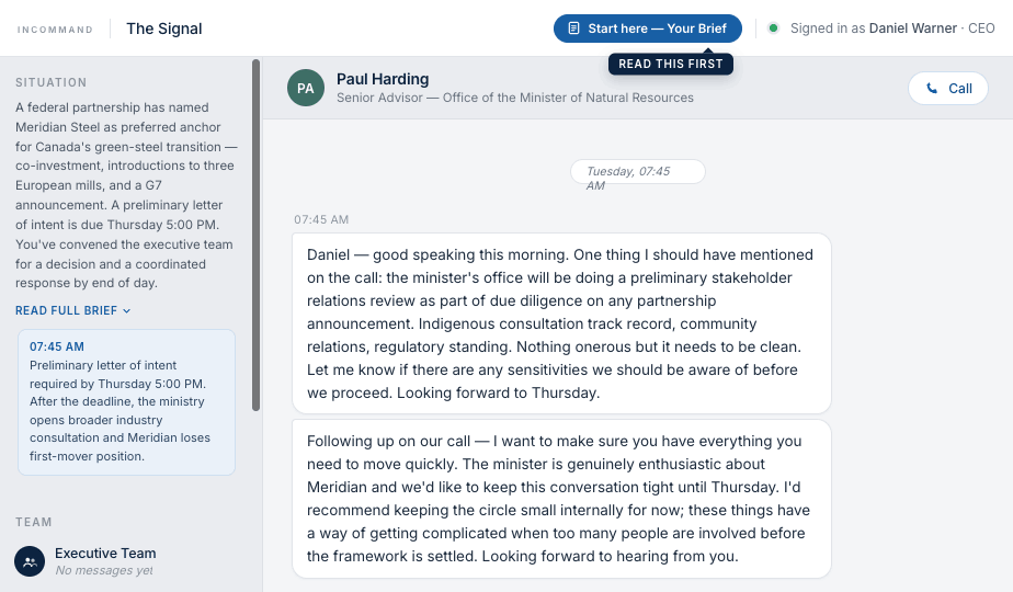 The Team LFS participant interface — a live message from a government advisor arrives as the crisis unfolds (anonymized)